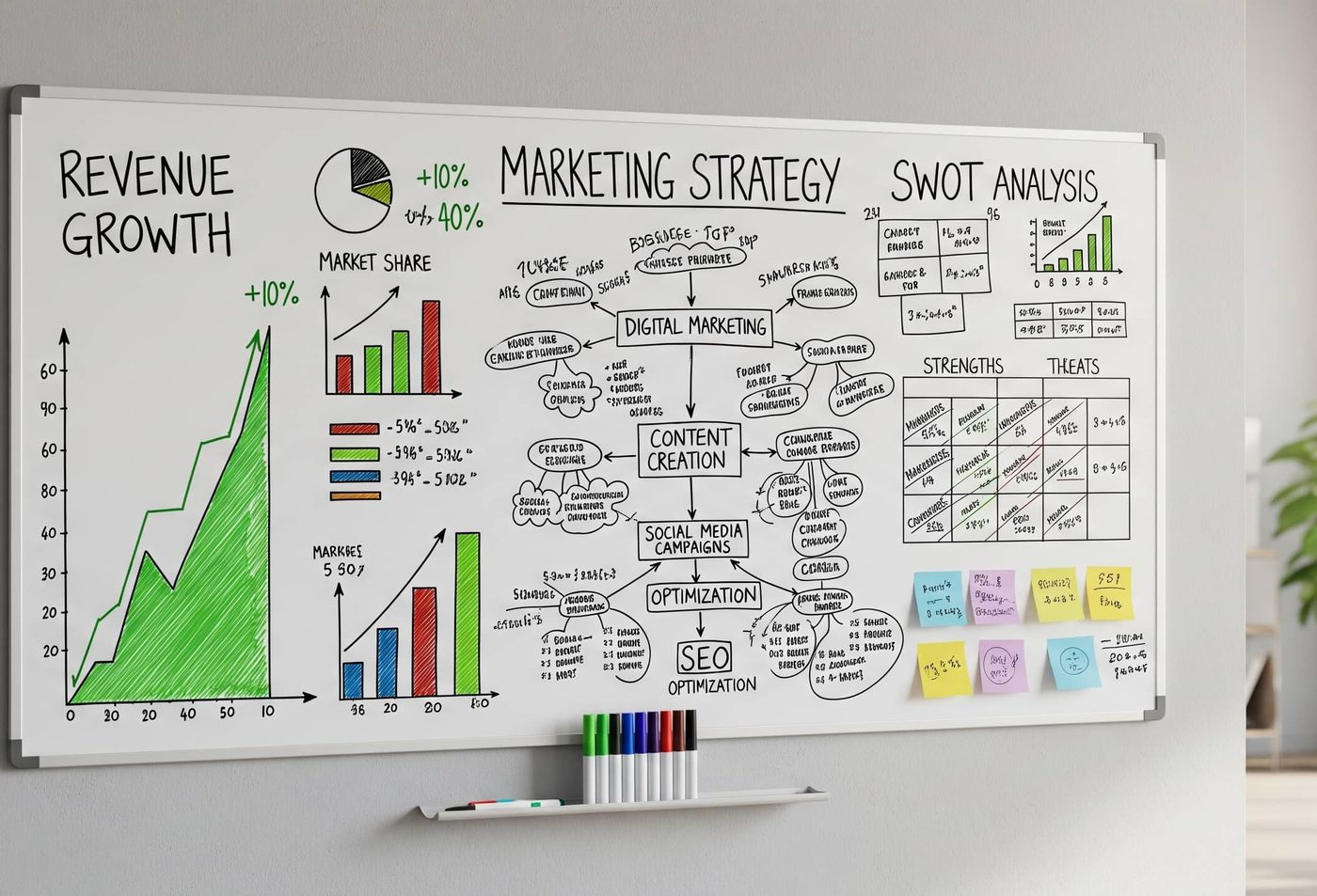 A whiteboard covered in growth charts and marketing strategy