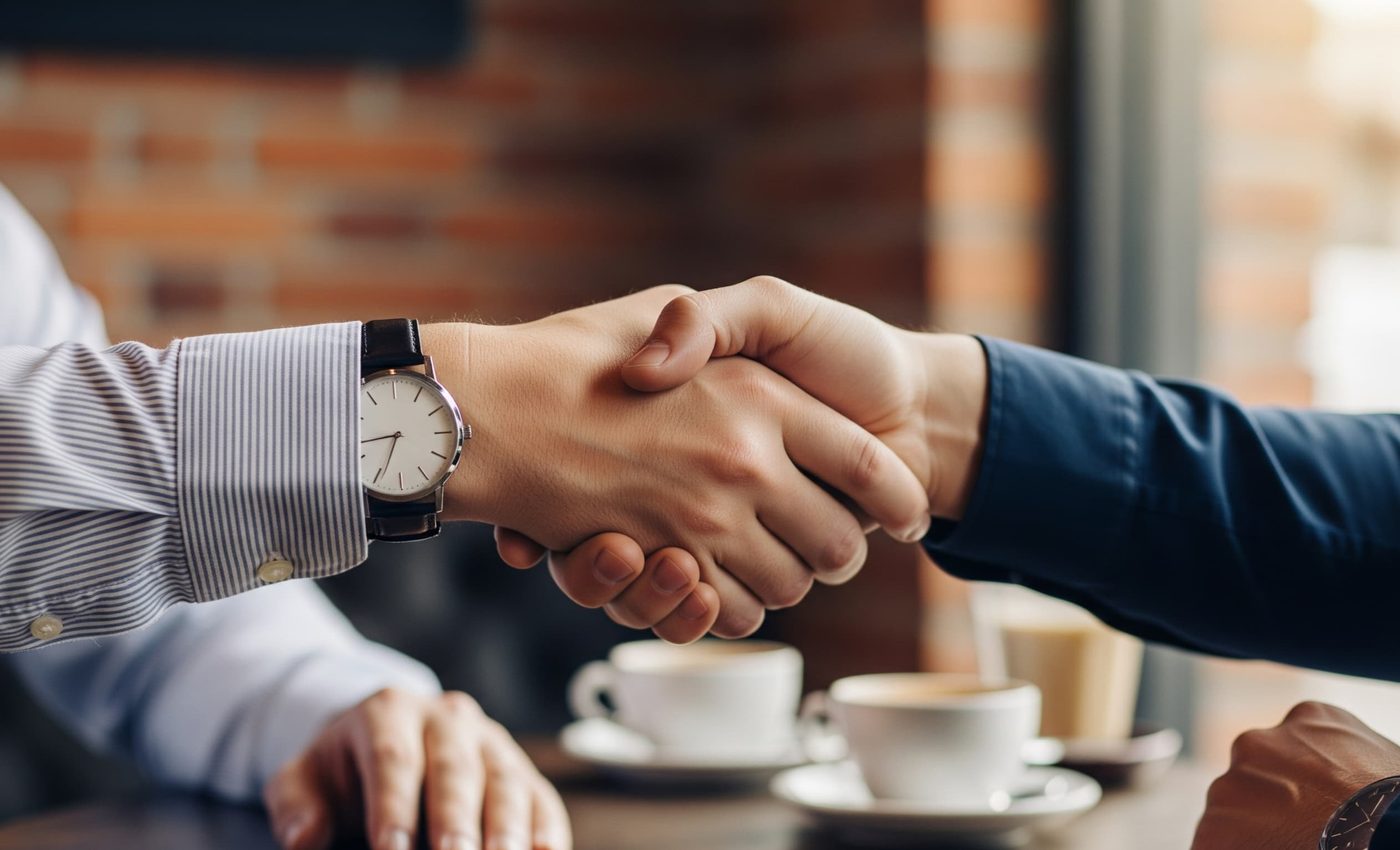 Two people shaking hands over coffee