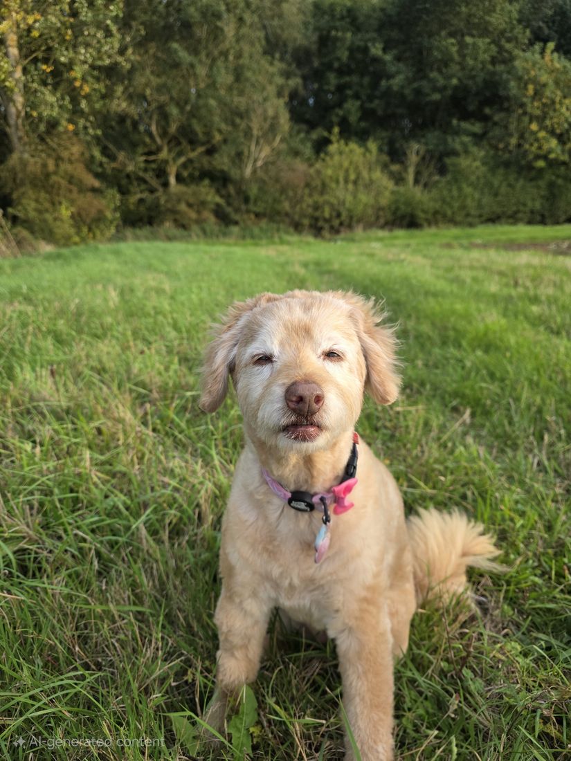Poppy the dog sitting in a field