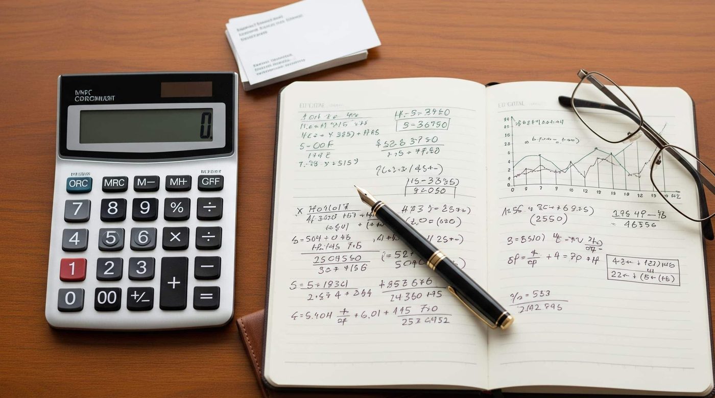 A calculator, notebook and pen on a desk